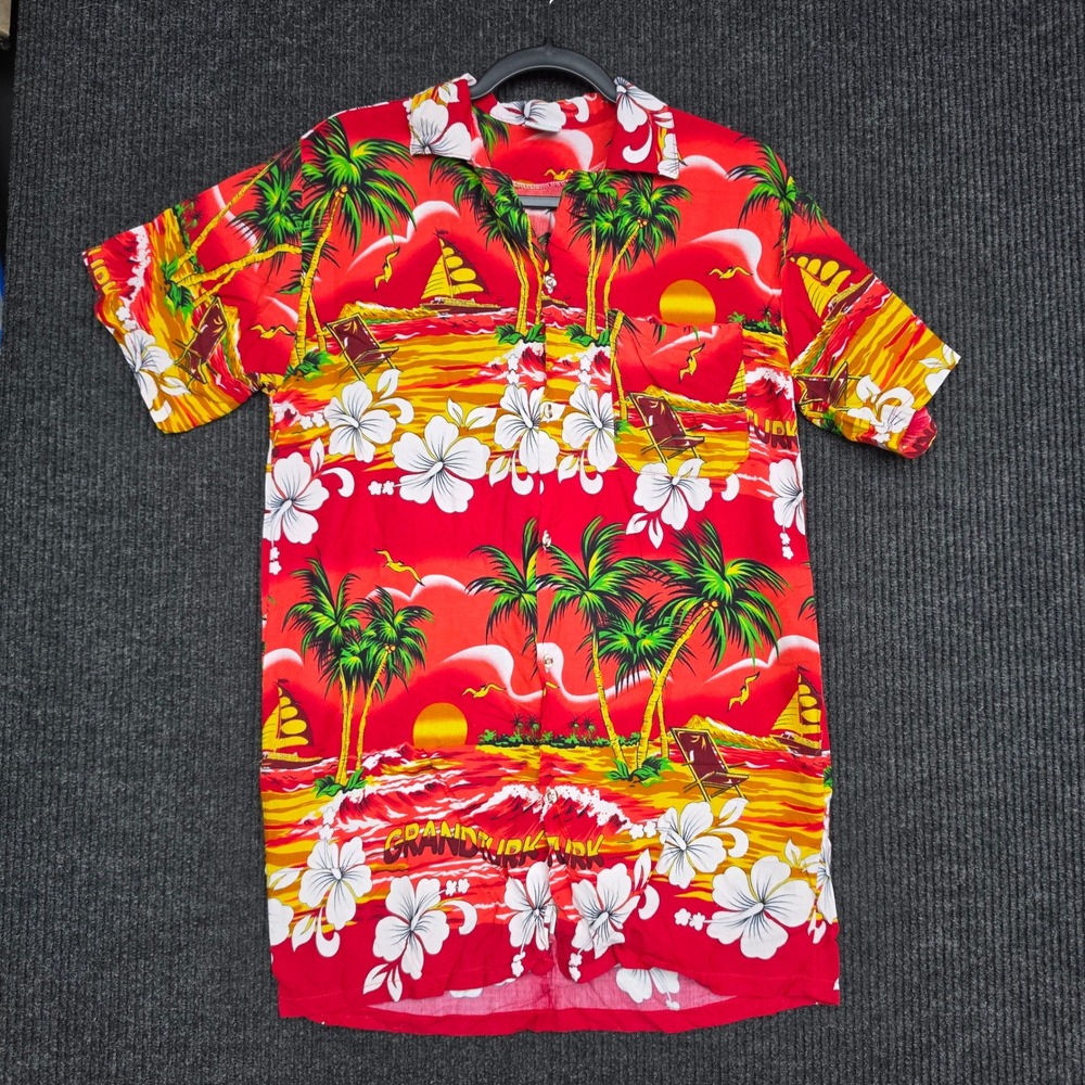 Island Dreams Grand Turk Hawaiian Shirt Mens Medium Red Tropical Palm Tree Sun